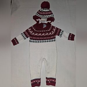 Tahari Fair Isle Knit Sweater Onsie Coverall Set Matching Hat 3-6 Months NEW